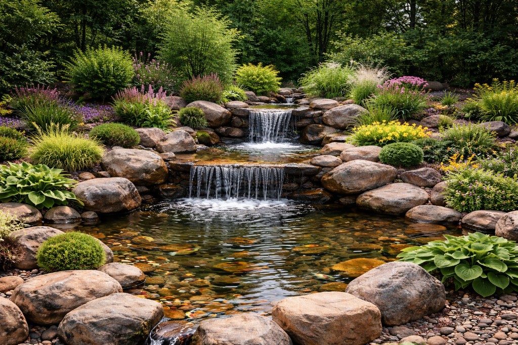 Water feature in a landscaped yard